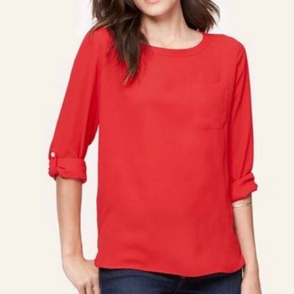 Loft Ann Taylor Rolled Tab sleeves blouse red top Womens Size S Crewneck Pocket - Picture 1 of 8